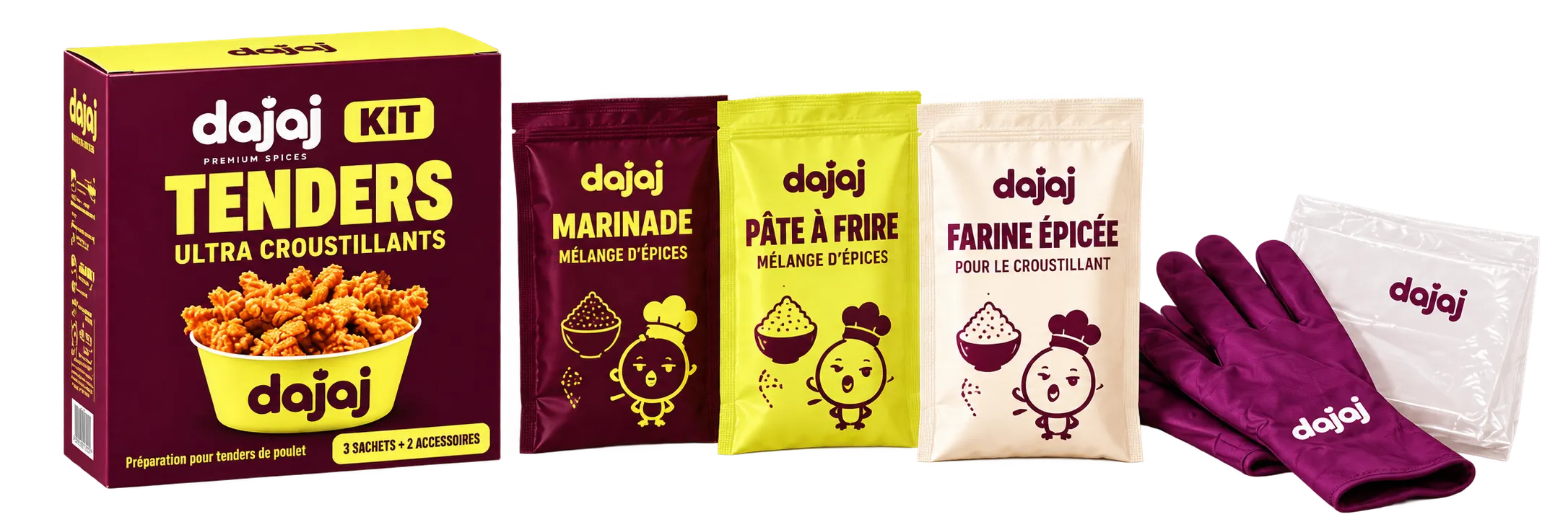 Contenu du kit Chicken Tenders : la boîte, un sachet de marinade, un sachet de pâte à frire, un sachet de farine épicée, une paire de gants et un sachet de conservation